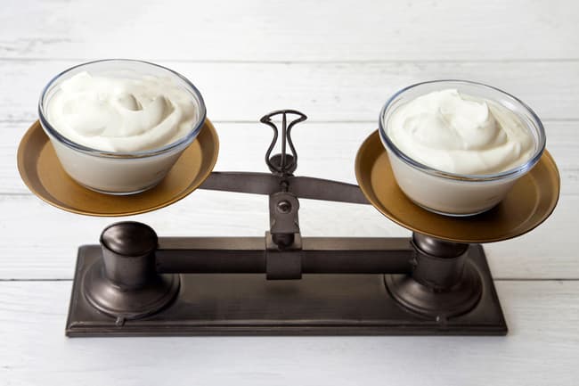 weighing bowls of yogurt