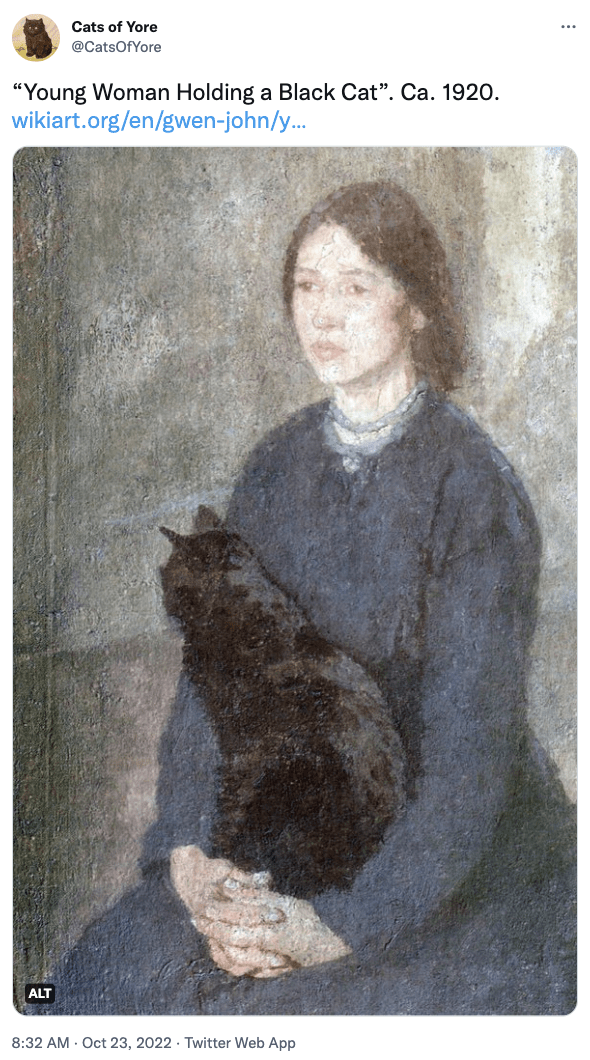 Sleeve - Cats of Yore @CatsOfYore "Young Woman Holding a Black Cat". Ca. 1920. wikiart.org/en/gwen-john/y... ALT 8:32 AM - Oct 23, 2022 Twitter Web App ...
