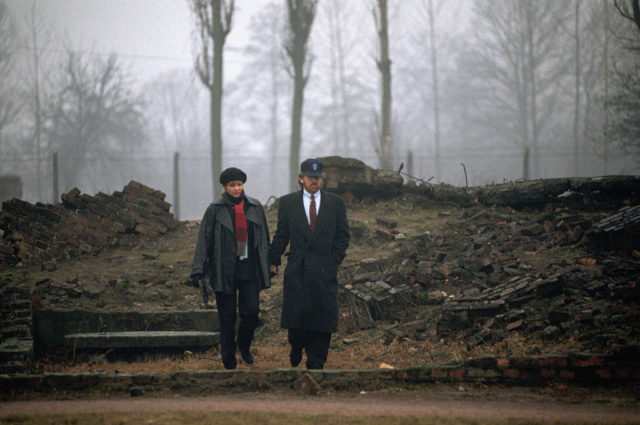 Steven Spielberg and his wife at Auschwitz